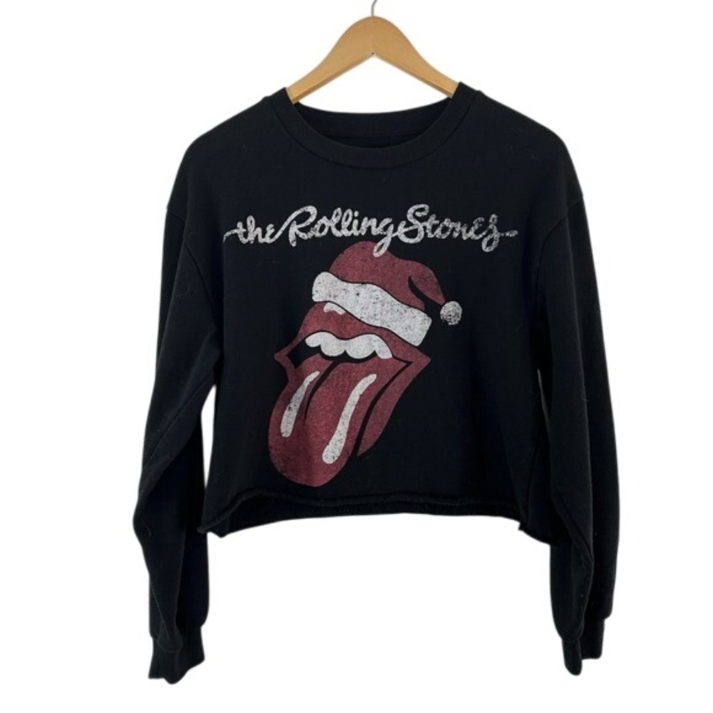 Rolling Stones Crop Sweatshirt Black Rolled Hem Womens‎ Large Long Sleeve Grunge